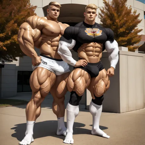 full body view, one teen cute white blonde undercut boy model wearing black socks and lycra sport shorts, no shoes, looking like a freaky roidstuffed over-bloated bodybuilder, proudly posing outside, front american college, black socks must be seen