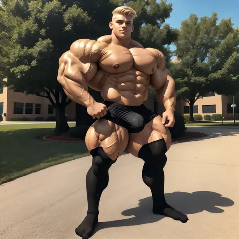 full body view, one teen cute white blonde undercut boy model wearing black socks and lycra sport shorts, no shoes, looking like a freaky roidstuffed over-bloated bodybuilder, proudly posing outside, front american college, black socks must be seen