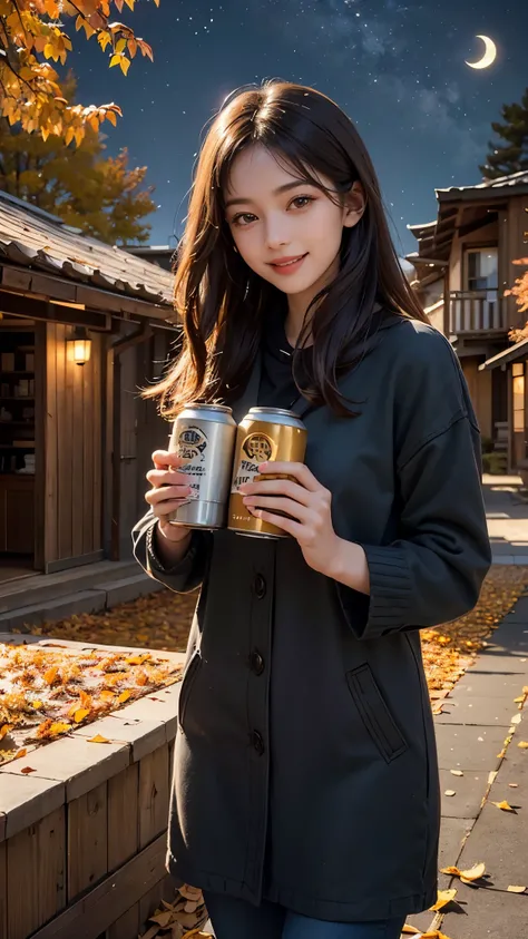 A serene autumn evening scene featuring a beautiful woman with a warm, inviting smile, holding a can of beer in her hand. She is surrounded by the vibrant colors of autumn, with the rich reds, oranges, and yellows of the fallen leaves creating a cozy, seas...