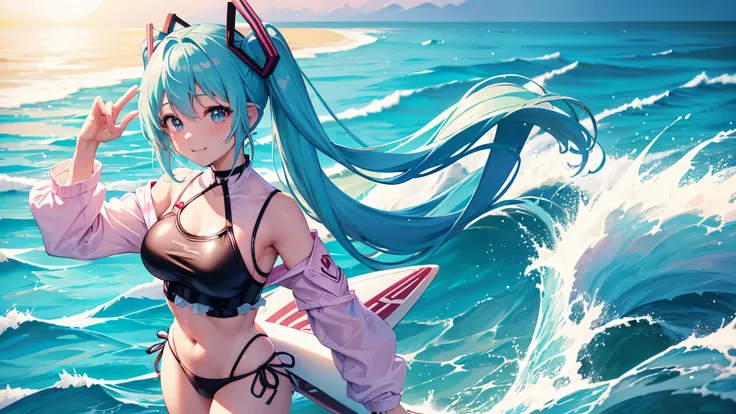 (anime-style cute face)、Hatsune Miku,最high quality, （（Sharp details））, (8k, RAW Photos, 最high quality, masterpiece), (looking at the camera),Cute Smile、Very big eyes、anatomically correct body、Big thighs、Muscular woman、The face is bright、Professional Lighti...