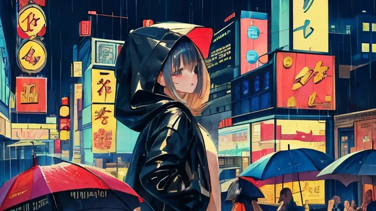 Highest quality, 4K wallpaper, masterpiece, Very fine particles, Very detailed, Intricate details, 横断歩道を渡るrainに濡れた１People Girls(From the side), clothing(Wearing a hood, Leather jacket、Oversized clothing), 1980s style, City Pop, Retro Pop, city, Outdoor, ne...