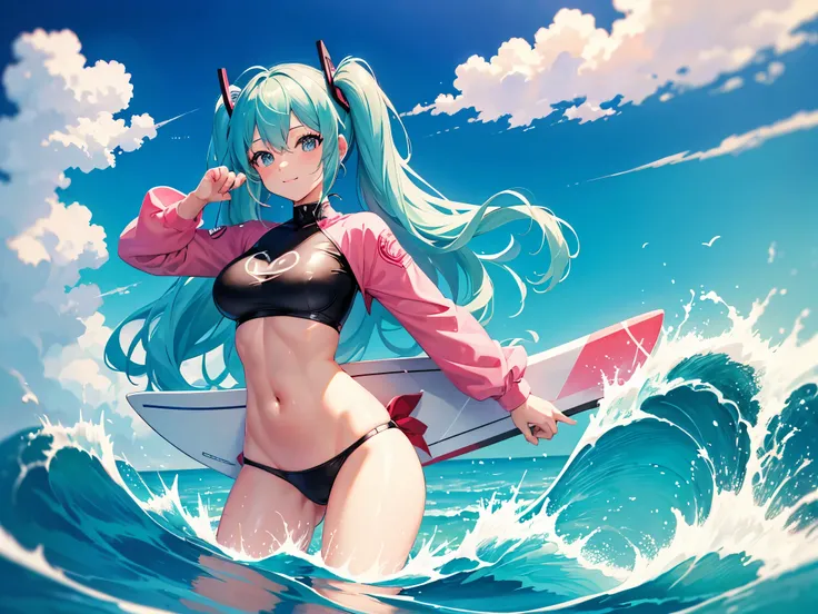 (anime-style cute face)、Hatsune Miku,最high quality, （（Sharp details））, (8k, RAW Photos, 最high quality, masterpiece), (looking at the camera),Cute Smile、Very big eyes、anatomically correct body、Big thighs、Muscular woman、The face is bright、Professional Lighti...