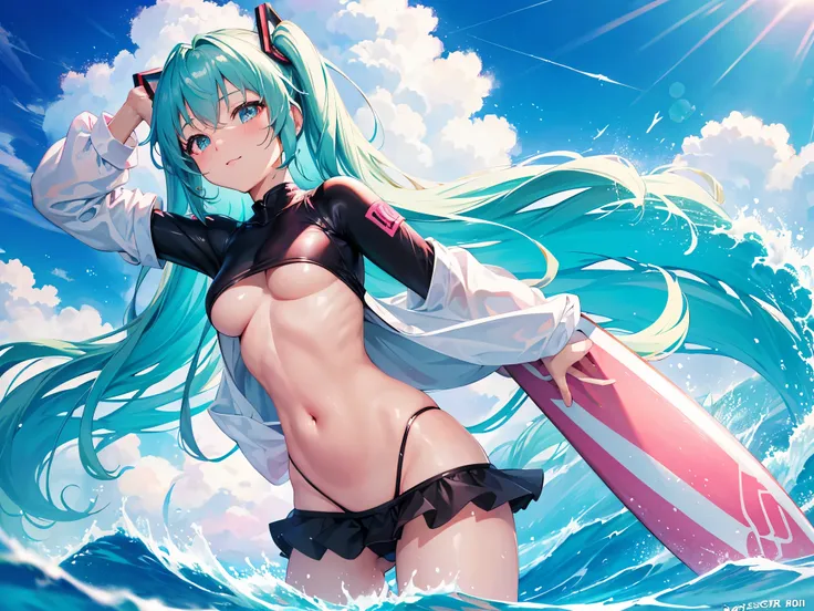 (anime-style cute face)、Hatsune Miku,最high quality, （（Sharp details））, (8k, RAW Photos, 最high quality, masterpiece), (looking at the camera),Cute Smile、Very big eyes、anatomically correct body、Big thighs、Muscular woman、The face is bright、Professional Lighti...