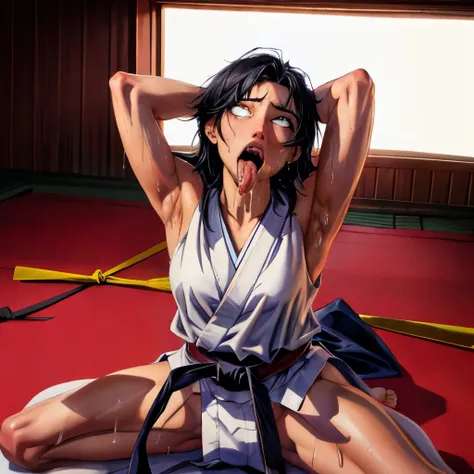 ((((masterpiece, best quality, high resolution)))), extremely detailed 8k, 1 female, wearing a white karate gi, (ahegao),white e...