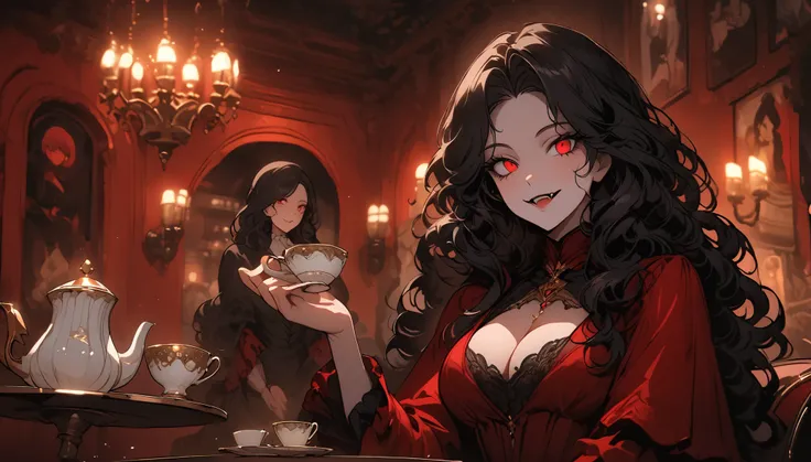 female, deep crimson eyes, eyes with flecks of gold, wavy hair, thick hair, long flowing black hair, noble vampire girl, voluptuous, elegant, refined grace, pose, smile, parted lips, night town, Victorian dress, cleavage, fangs, sitting in cafe, having tea...