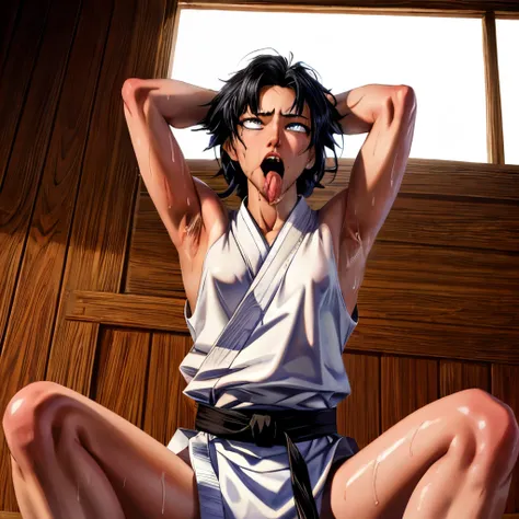 ((((masterpiece, best quality, high resolution)))), extremely detailed 8k, 1 female, wearing a white karate gi, (ahegao),white e...