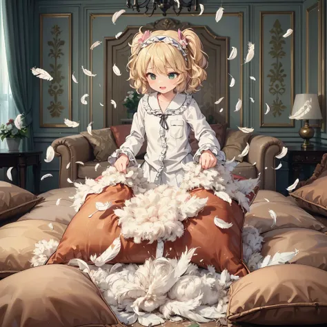 (best quality, masterpiece) , details, (Light and shadow oxtail) , Cute girl posing on pillow ,Pillow, Upholstered,Soft pillow,(Pillow),The love surrounding the protagonist,steam,(Luxury Pillow),(Gorgeous pattern pillow),luxurious pillow, standing,(Love ar...