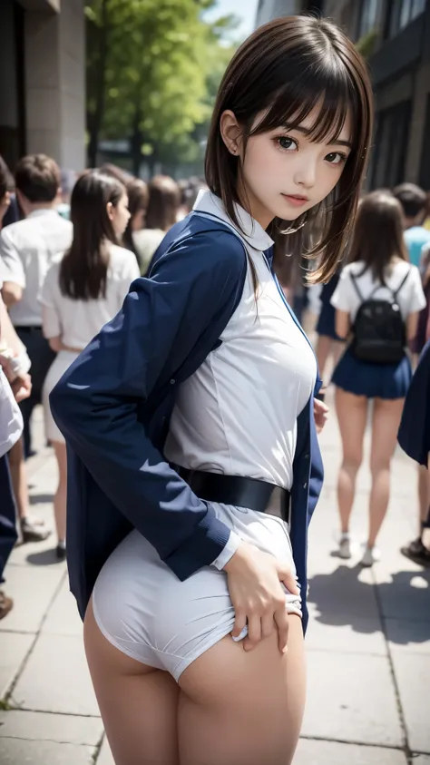 (((molestation:1.2, elementary school boy touches her butt behind cute girl in crowded people:1.3))), office lady suit、beautiful...