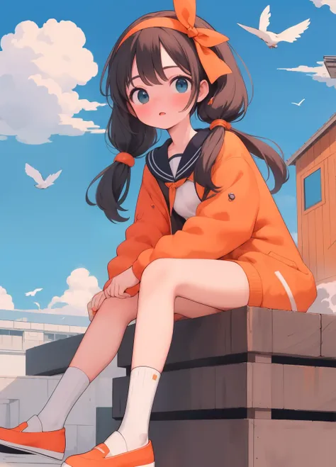 (masterpiece、Highest quality、Highest quality、Official Art、Beautiful and beautiful:1.2)、(One person:1.3)Hatsune Miku、Twin tails,Beautiful breasts, Katsushika Hokusai,One person女の子,Orange shoes,alone,Sitting,null,cloud,Outdoor,Black Hair,bird,Upward view,blu...