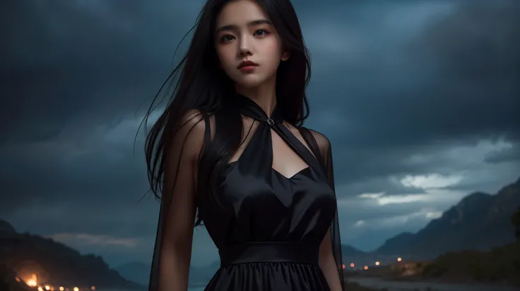 A 16k masterpiece, highest resolution, every detail, meticulousness, depth of field, bright colors, beautiful composition: a teenage girl with black hair and innocent eyes is so beautiful detailed, standing against a dark and ominous landscape. sexy silk d...