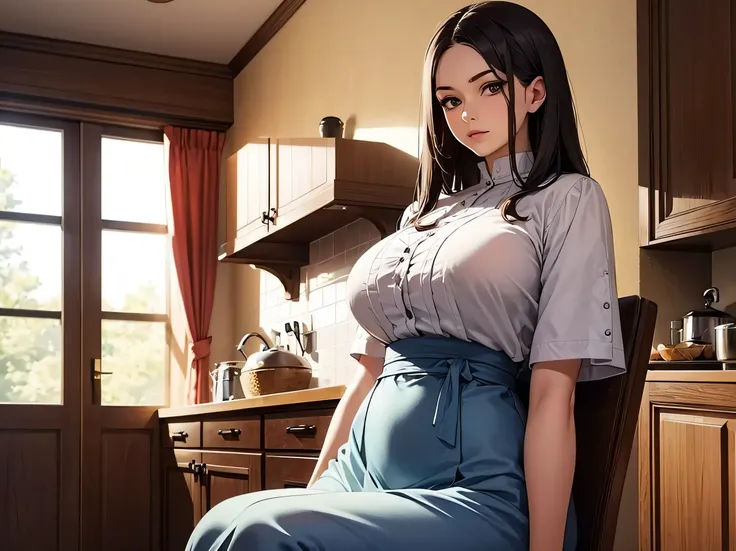 (Mastery 1.5), (masterpiece), (Better quality) 8 K, (HDR photorealistic 1.5) (ultra detailed 1.5) one beautiful Slavic woman dressed in ordinary clothes standing in the kitchen with long black straight hair her face and body turned to the viewer her hourgl...