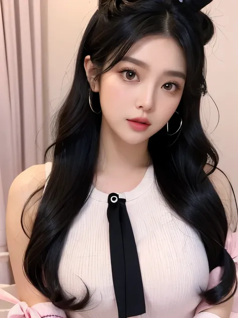 Kim Jenni with black hair, light black hair, with curls, with a bunny hairpin in her dark black hair, brown eyes, beautiful eyes,pretty, upturned nose, pretty lips, pastel pink lips, Cupid&#39;s heart shaped lips, pale white skin, pretty skin, skin with al...