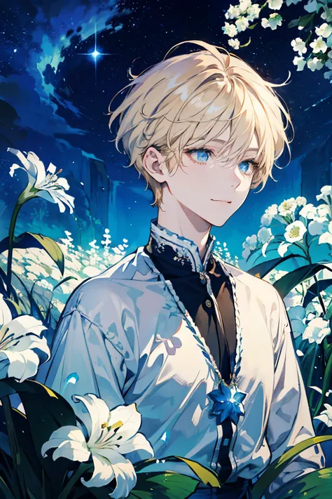 alone，beautiful young male, short hair,Exquisite anime style illustrations.blond hair, Soft style, rosy cheeks, with a dreamy, Capture a quiet moment of contemplation，Soft Light，messy hair，Water magic，stars shine，Shy smile、Bright Eyes、looking at camera、eme...