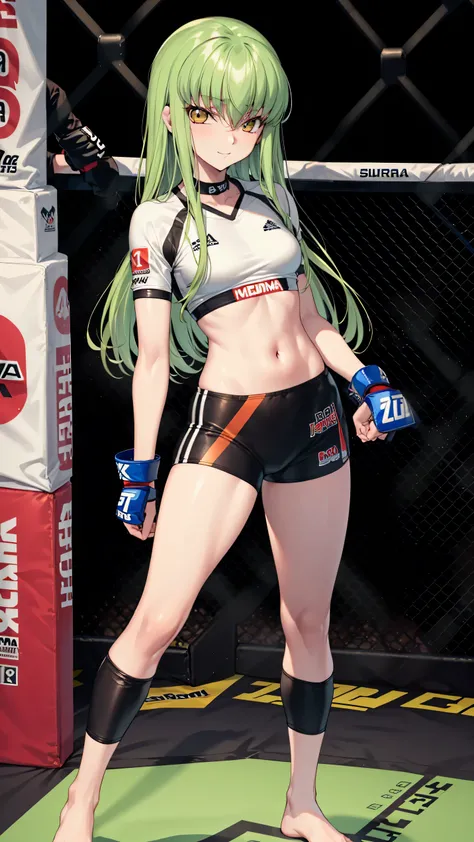 CC_Code Geass, Hair between the eyes, Very long hair 1 person, Bright light, smirking, alone, Full body shot, (masterpiece, Highest quality), 8k, Intricate details, (on MMA Arena :1.5), (wearing MMA uniform:1.5, white tops and black bottoms:1.3), thigh, be...