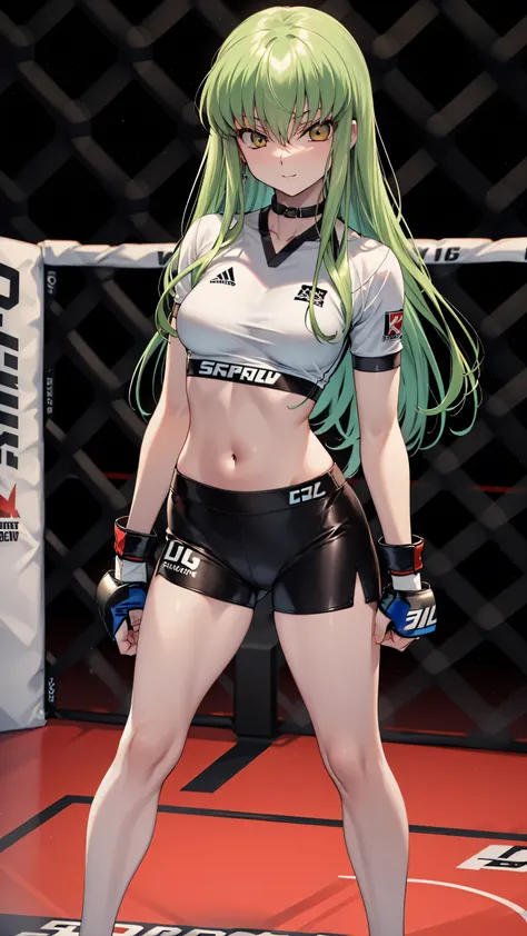 CC_Code Geass, Hair between the eyes, Very long hair 1 person, Bright light, smirking, alone, Full body shot, (masterpiece, Highest quality), 8k, Intricate details, (on MMA Arena :1.5), (wearing MMA uniform:1.5, white tops and black bottoms:1.3), thigh, be...