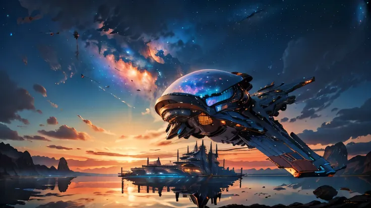 Super spaceship shaped like a ship hovering over a large lake, ultra detalhada, a nebula in the distance