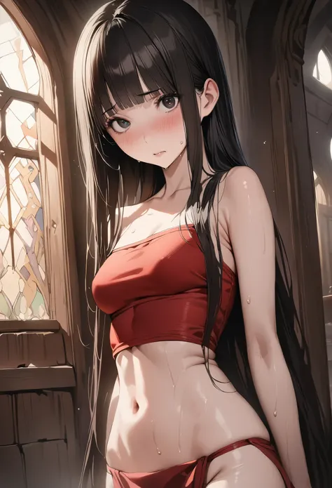 Fantasy art、((masterpiece,best quality anime,Highest quality:1.3)),realistic,portrait,1woman,(Mature Beauty),((very small head:1.4)),((very long body:1.3)),long hair,black hair,bangs,(gorgeous big eyes),black eyes,shy,((slender body:1.3,skinny)),medium bre...