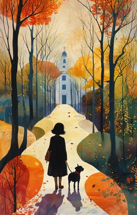 masterpiece,最high quality,pop art style、a girl walking in a park with autumn leaves、walking with the dog、view your viewers,figur...