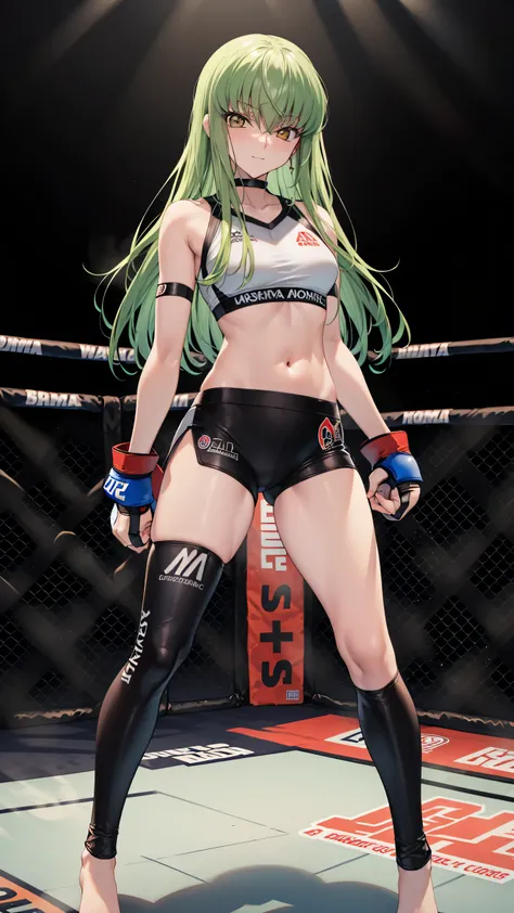 CC_Code Geass, Hair between the eyes, Very long hair 1 person, Bright light, smirking, alone, Full body shot, From below, (masterpiece, Highest quality), 8k, Intricate details, (on MMA Arena :1.5), (wearing MMA uniform:1.5, white tops and black bottoms:1.3...