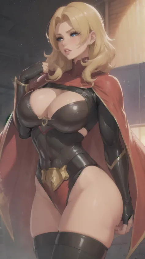 female, solo, cape, gauntlets, muscular, large breasts, lips, ((milf)), (superhero)