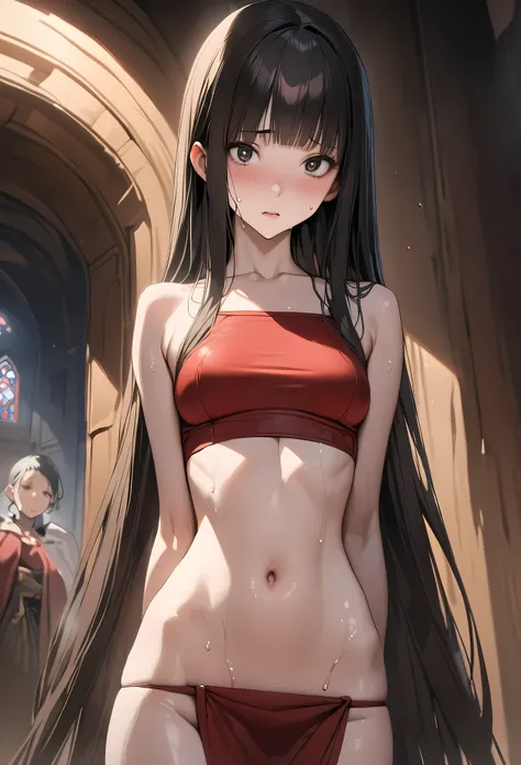 Fantasy art、((masterpiece,best quality anime,Highest quality:1.3)),realistic,portrait,1woman,(Mature Beauty),((very small head:1.4)),((very long body:1.3)),long hair,black hair,bangs,(gorgeous big eyes),black eyes,shy,((slender body:1.3,skinny)),medium bre...