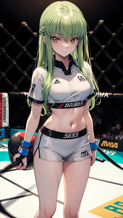 CC_Code Geass, Hair between the eyes, Very long hair 1 person, Bright light, smirking, alone, Full body shot, From below, (masterpiece, Highest quality), 8k, Intricate details, (on MMA Arena :1.5), (wearing MMA uniform:1.5, white tops and black bottoms:1.3...