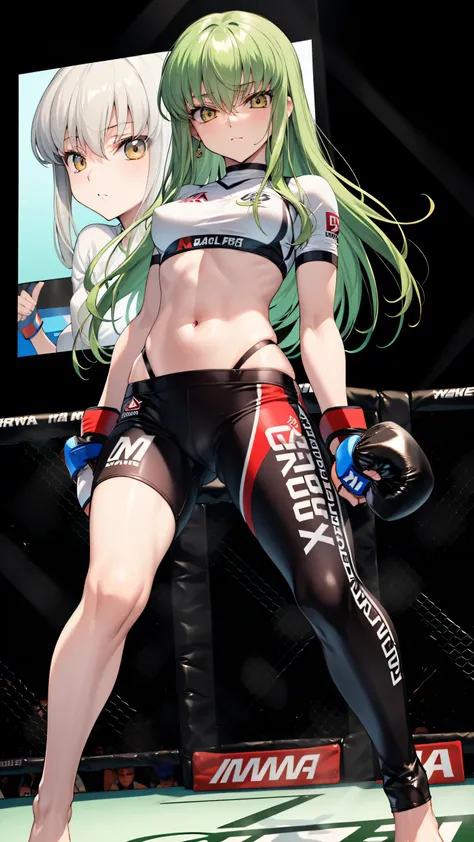 CC_Code Geass, Hair between the eyes, Very long hair 1 person, Bright light, smirking, alone, Full body shot, From below, (masterpiece, Highest quality), 8k, Intricate details, (on MMA Arena :1.5), (wearing MMA uniform:1.5, white tops and black bottoms:1.3...