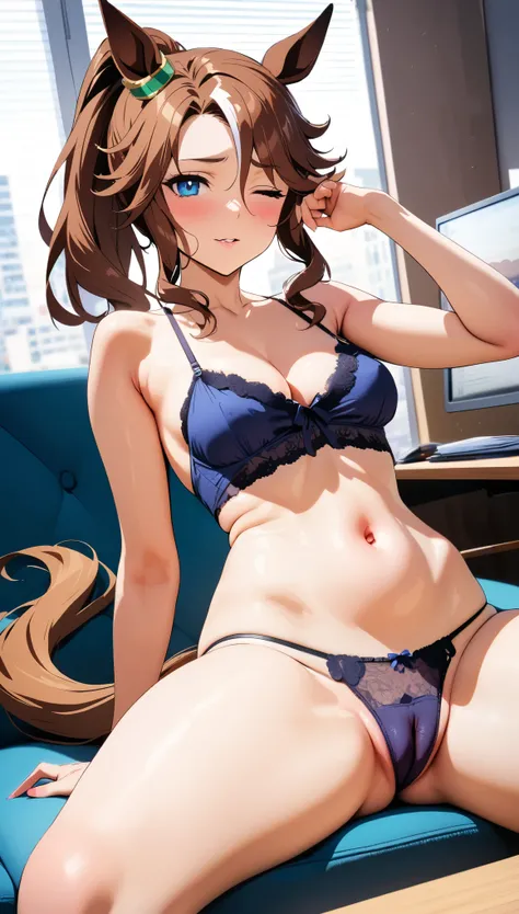 [[One person, Mejiro Palmer (umamusume), umamusume]], Beautiful attention to detail, Close one eye, ((indoor, office, living room), ), Curvy, thin, Small breasts, Flat Chest (Thigh-high socks), (Cleavage) , (Sexy pose), (Seductive pose), (belly button), (i...