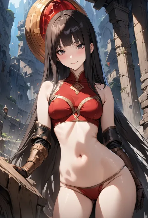 Fantasy art、((masterpiece,best quality anime,Highest quality:1.3)),realistic,portrait,1woman,(Mature Beauty),((very small head:1.4)),((very long body:1.3)),long hair,black hair,bangs,(gorgeous big eyes),black eyes,smirk,((slender body:1.3,skinny)),medium b...