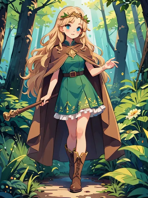 a young white woman in a forest, modest breasts, wooden staff, brown cape, green frilly dress with golden accents, brown boots, crystal circlet, long wavy blonde hair, flower in hair, blue eyes