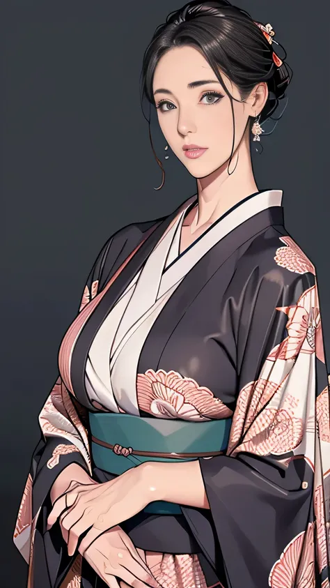 1,Japanese hairstyle,Photorealism,detailed,masterpiece,mature,((full)), (Broad shoulders), ((Huge)),Plus size mature women,expensive,30 years old,Pretty face, (Plump woman),Beautiful long-sleeved kimono,kimono,Hold your chest with both hands:1,high quality...