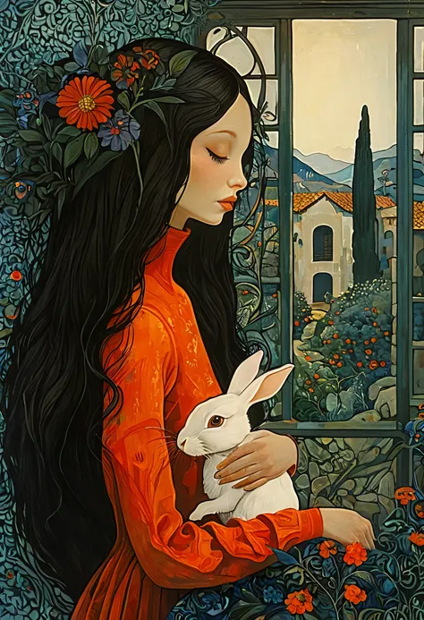 masterpiece,最high quality,organic style、a long-haired woman lovingly holding a rabbit、surrealism,figure,portraiture、diane dillon...