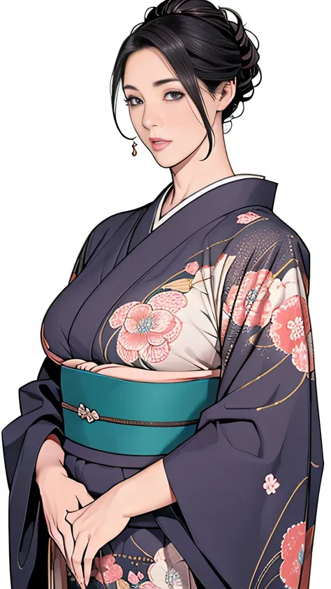1,Japanese hairstyle,Photorealism,detailed,masterpiece,mature,((full)), (Broad shoulders), ((Huge)),Plus size mature women,expensive,30 years old,Pretty face, (Plump woman),Beautiful long-sleeved kimono,kimono,Hold your chest with both hands:1,high quality...