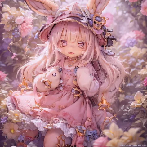 in the garden, smile, similar to nanachi from made in abyss. she is beautiful, beautiful eyes and lips.  (((chibi style,))) . im...