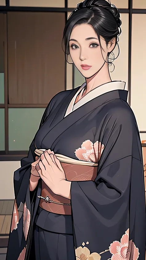 1,Japanese hairstyle,Photorealism,detailed,masterpiece,mature,((full)), (Broad shoulders), ((Huge)),Plus size mature women,expensive,30 years old,Pretty face, (Plump woman),Beautiful long-sleeved kimono,kimono,Hold your chest with both hands:1,high quality...