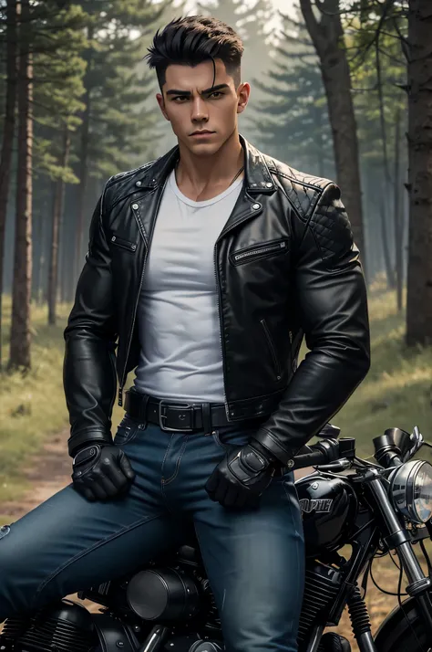 A muscular young man , wearing a white round-neck shirt and a black leather jacket over it, wearing blue jeans, black motorcycle gloves, a black belt, and black combat boots and a holster strap black for a handgun on his thigh ,leaning against a big bike b...