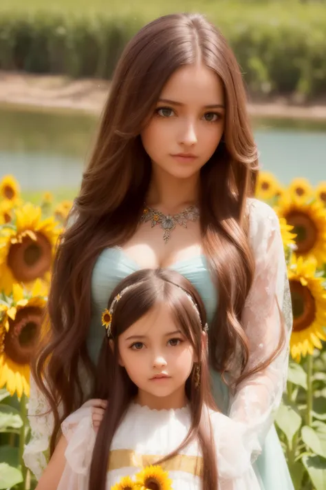 (  absurdly , high quality , ultra detailed ) ,( hand detailed ) ,girl with her daughters,  very long hair, sunflower hair , bea...