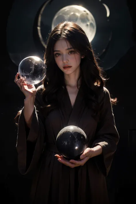 (masterpiece, best quality, 1girl, (long curly hair:1.2), (dark brown hair:1.1), (mysterious atmosphere:1.3), (wearing a flowing robe:1.2), holding a crystal ball, (moonlight:1.4), (soft focus:1.1), (dark background:1.2)
