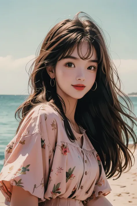 Upper body close-up image. Detailed drawing of the face.One cute girl. Twenty years old. She has a can of cola in one hand. The season is summer. she is standing on the seashore. She has a refreshing smile.
