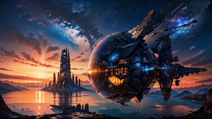 Super spaceship shaped like a ship hovering over a large lake, ultra detalhada, city in the distance, a nebula lighting up the sky, sci-fi,