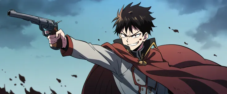 a teenage man in short cape, blood, point his gun at right direction, turned to right, pointing, smiling, evil, anime style.