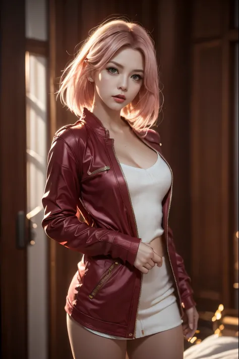 Sakura Haruno, Tempting, ((The forehead is exposed)), attractive, Sexy eyes, Red Jacket, Pink Hair, Beautifully, young, short hair, Delicate face, HD, whole body, From League of Legends, Trend at Artstation, author:rhads, Andreas Rocha, rossdraws, Shinkai ...