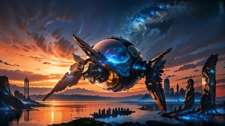 Super spaceship shaped like a ship hovering over a large lake, ultra detalhada, city in the distance, a nebula lighting up the sky, sci-fi,