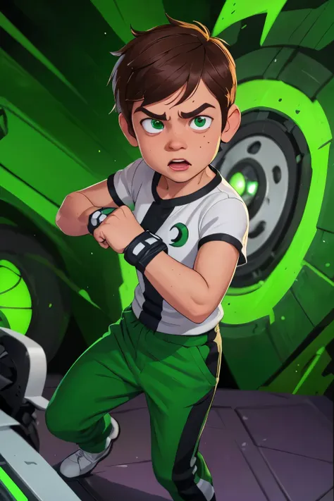 movie poster, ben 10 ((a child, 4yo ))), ((wearing a white outfit with black stripe in the center, large green pants)), showing ...