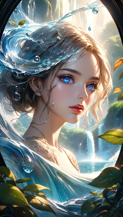 waterfall scenery, bright canvas, The waves are swirling, Transparent holographic reflection, Surreal landscape created by water droplets, Leaves viewers speechless, 
A beautiful world, 1 british woman, detailed eyes, detailed lips, very detailed face, lon...