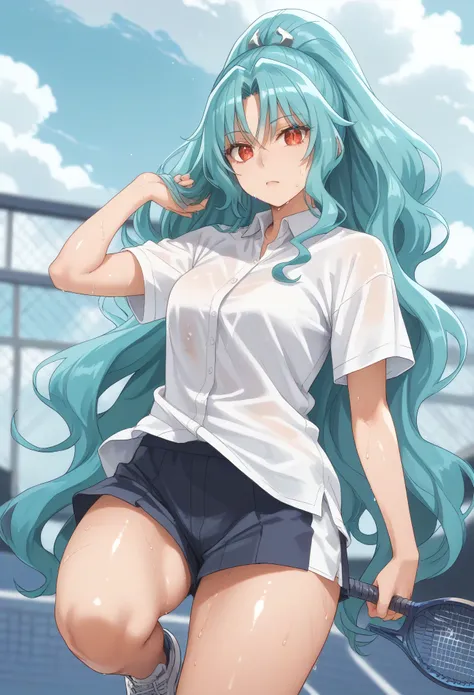 long hair aqua hair ponytail red eyes,slit pupils,1girl, solo, white polo shirt, white sneakers, tennis wear, white miniskirt, m...