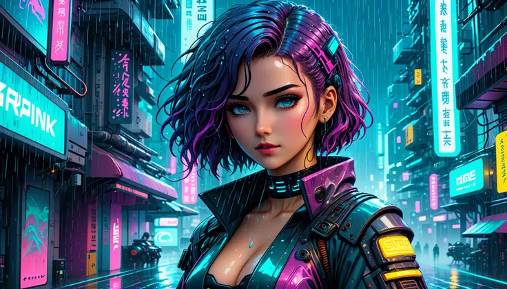 wave art style, A girl, rain, cyberpunk, 8k, highly detailed, sci fi