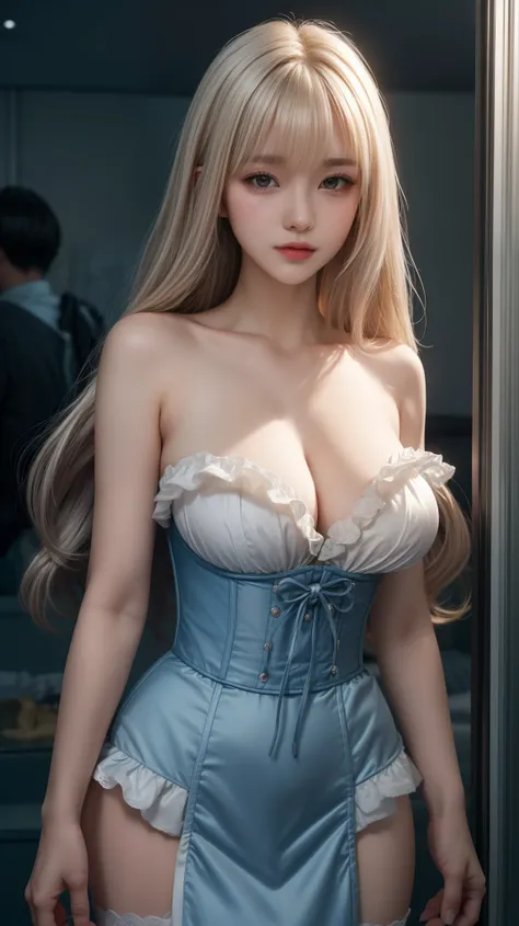 reflected light、Platinum blonde hair with dazzling highlights、Shiny Hair、Super long, Silky straight hair、Beautiful shiny bangs、bright, clear, charm, large blue eye、so beautiful, A cute and adorable 1 girl.、Ample Bust、Beautiful detailed eye、 Beautiful and d...