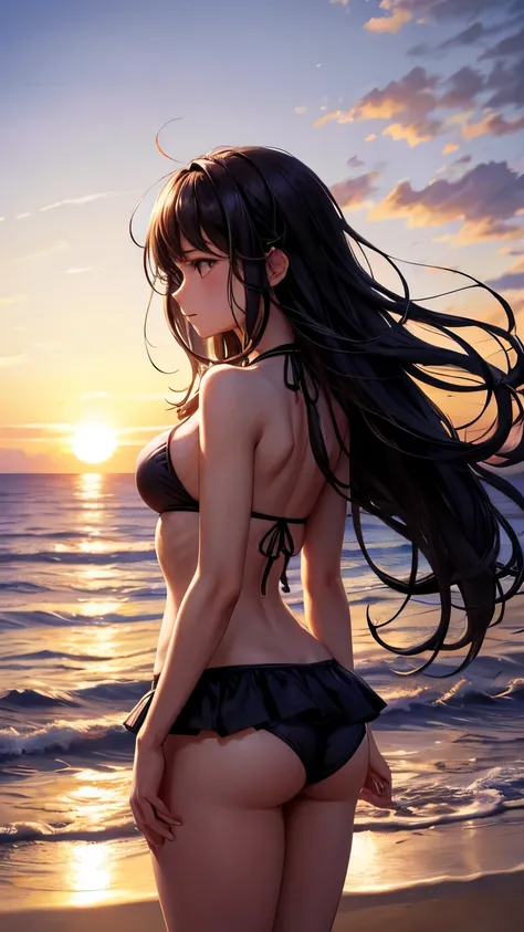 A lone girl stands on the beach in a bikini outfit, her hair flowing in the wind. With both hands raised, she holds her head, facing the vast sea as the sun begins its descent in the late afternoon. The scene is viewed from behind, capturing the tranquil b...