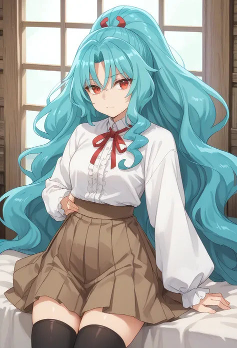 long hair aqua hair ponytail red eyes,slit pupils,shirt, long sleeves, ribbon, closed mouth, , white shirt, pleated skirt, frill...